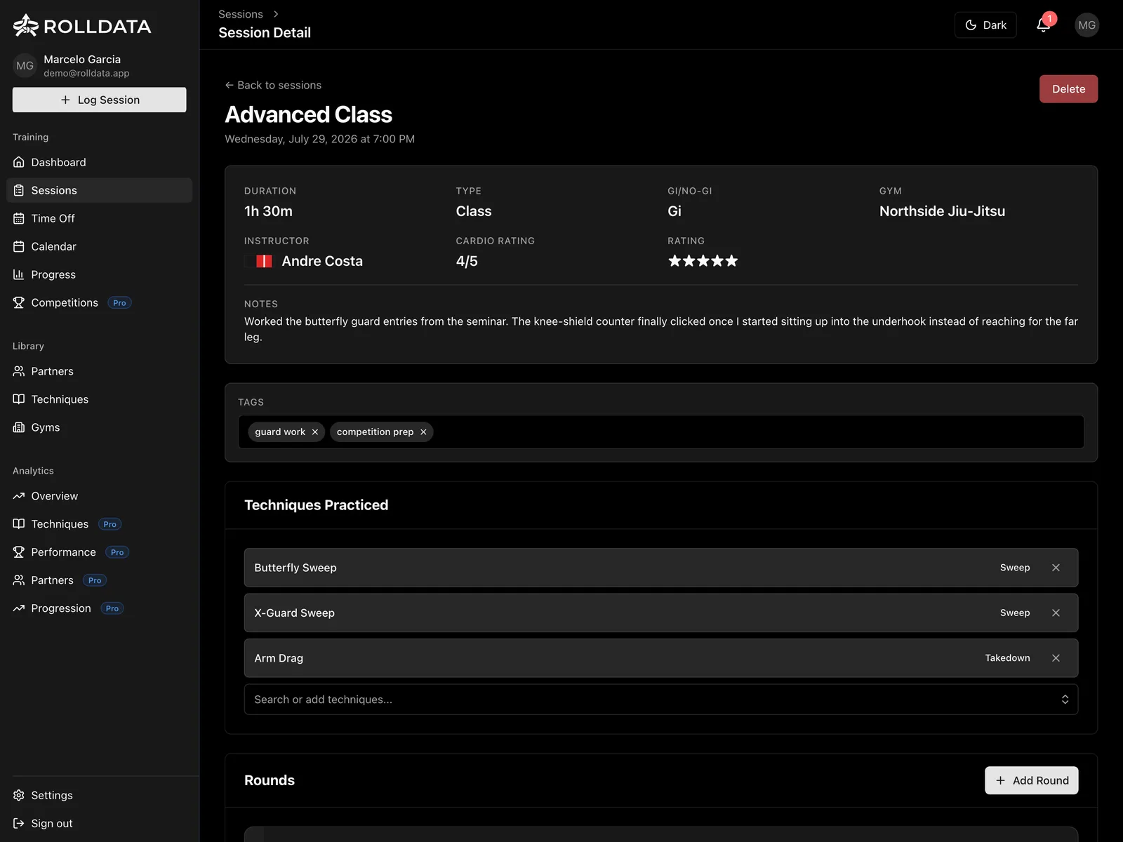 RollData Session Logging screen